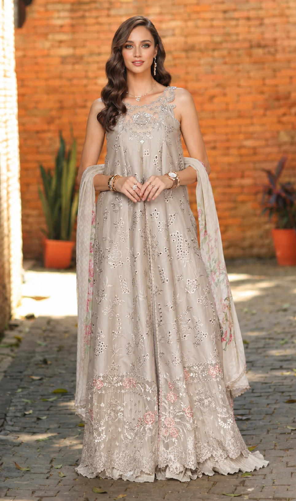 Noor by Saadia Asad Luxury Eid Schiffli Laserkari Unstitched Suit D7 -Gris Tourtelle