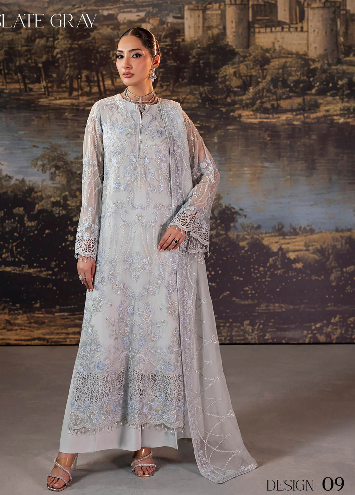 Riwayat Lamisah By Lavish Premium Embroidered Chiffon Suits Unstitched 3 Piece LP25RLC D-08 SLATE GRAY