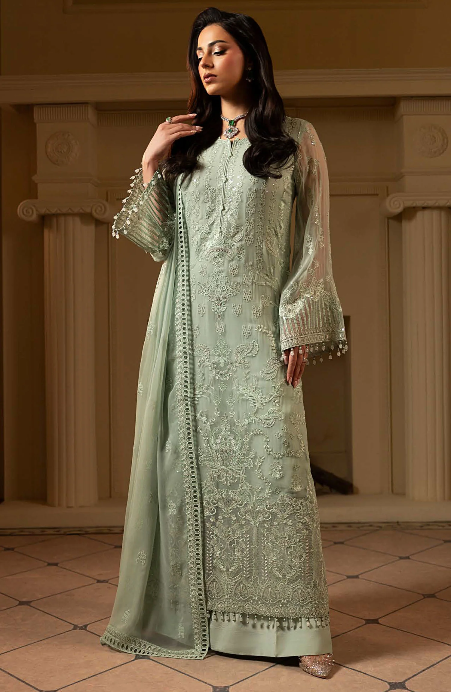 Ashnai by Lavish Premium Embroidered Chiffon Unstitched 3 Piece Suit - ASH-02 Sage Mist - LVP25ASH - Green - Festive Collection